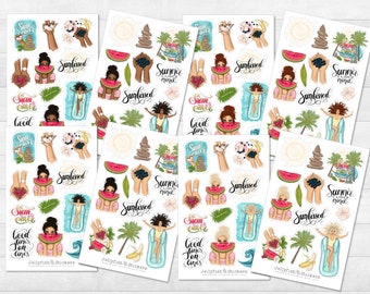 May include: A set of 10 colorful stickers featuring illustrations of women, watermelon slices, and summer-themed text. The stickers are printed on white paper with a glossy finish.