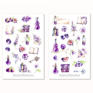 Lila Sticker Set - Florale Aufkleber, Journal Sticker, Sticker Blumen, Natur, Garten, Floral, Bücher, Violine, Geige, Feige, Obst, Beeren