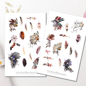 Boho Feathers Sticker Set - Journal Sticker Planner Sticker Watercolor Sticker sticker, feather, boho, Indian Sticker Sheet