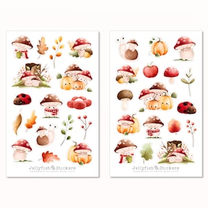 Niedliche Pilze Sticker Set - Aufkleber, Sticker Herbst, Blätter, Natur, Wald, Schnecke, Kürbis, Insekten, Marienkäfer, Sticker für Kinder