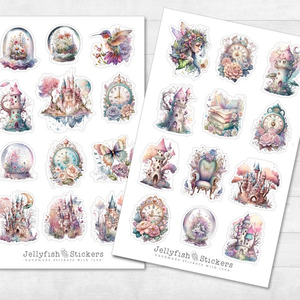 Märchen pastell Sticker Set - Journal Sticker, Planer Sticker, Aufkleber, Feen, Bücher, Wald, Schloss, Vögel, Schmetterlinge, Magie, Blumen