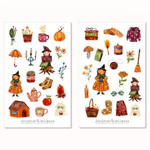 Set de pegatinas de bruja otoñal: pegatinas, pegatinas para diario, pegatinas para planificador, acogedor, hogar, niña, jardín, bosque, niños, magia