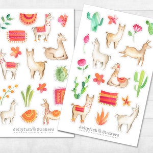 Lama Sticker Set - Journal Sticker, Planer Sticker, Tiere, Blumen, Floral, Kaktus, niedlich, Sticker Sheet, Aufkleber, Bunt, Kinder