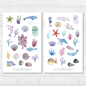Zeedieren sticker set - sticker zee dagboek sticker sticker maritiem, schelpen, strand, zee, vakantie, meer, walvis, kwallen, dolfijn