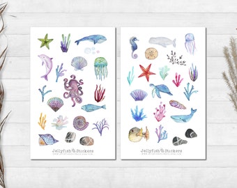 Sea Animals Sticker Set - Sea Journal Stickers, Maritime Stickers, Shells, Beach, Sea, Vacation, Lake, Whale, Jellyfish, Dolphin