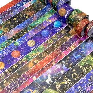 Pudełko z taśmą Washi - 52 rolki - Gwiazdy, Księżyc, Akwarela, Zodiak, Kolorowy, Różowy, Czerwony, Niebieski, Zielony, Magia, Taśma klejąca, Rękodzieło, Scrapbooking, Zestaw