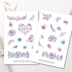 Lila Blumen Sticker Set - Florale Aufkleber Journal Sticker Blumen Sticker Planer Sticker, Sticker, Garten, Vogel