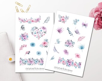 Purple Flower Sticker Set - Floral Stickers, Journal Stickers, Flower Stickers, Planner Stickers, Stickers, Garden, Bird