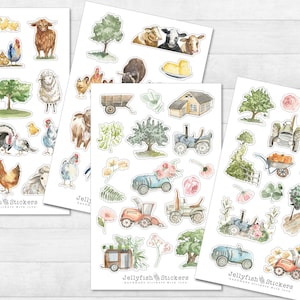 Set di adesivi della fattoria - Adesivi per diario, adesivi Animali, Piante, Alberi, Mucche, Pecore, Polli, Natura, Vita di campagna, Paese, Fiori
