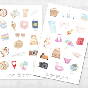 Conjunto de pegatinas de vacaciones de verano - pegatinas, pegatinas de diario, pegatinas de planificador, vacaciones de pegatinas, mar, viajes, vacaciones en la playa, ropa, hoja de pegatinas