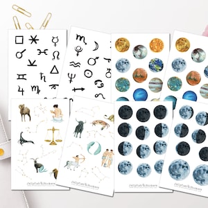 Astrologie Sticker Set - Aufkleber Mond Journal Sticker Sticker, Mondphasen, Sternzeichen, Astronomie Sticker Sheet