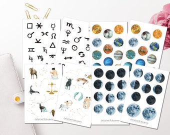 Astrology Sticker Set - Sticker Moon Journal Sticker, Moon Phases, Zodiac Signs, Astronomy Sticker Sheet