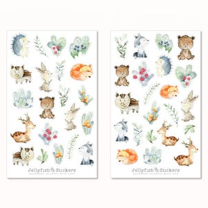 Set de pegatinas de animales del bosque: pegatinas para diario y planificador, bonitas y dulces, para niños, bebés, niños, bosque, zorro, oso, erizo y conejo.