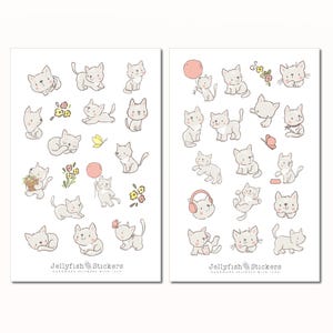 May include: Two sheets of stickers featuring adorable cartoon kittens in various poses. The kittens are light gray with simple line art details. Some kittens are holding balloons, flowers, or wearing headphones. The text "Jellyfish Stickers" is at the bottom.