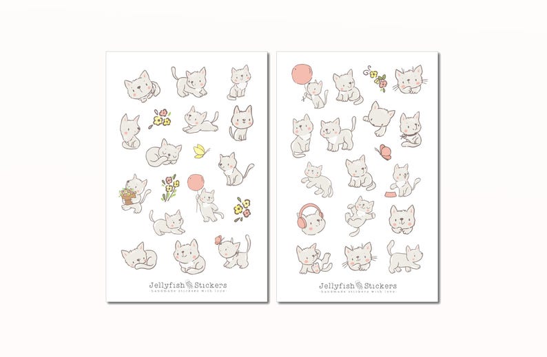 May include: Two sheets of stickers featuring adorable cartoon kittens in various poses. The kittens are light gray with simple line art details. Some kittens are holding balloons, flowers, or wearing headphones. The text "Jellyfish Stickers" is at the bottom.