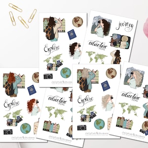 May include: A set of six sticker sheets featuring illustrations of a woman travelling with a backpack, a camera, and a passport. The stickers include the words "Explore", "Adventure More", and "Journey".