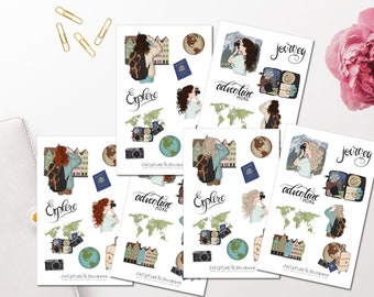 Travel Girl Sticker Set - Journal Stickers, Planner Stickers, Girl Stickers, Hiking Stickers, Vacation Stickers, Photography Sticker Sheet