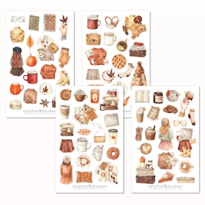 Ensemble d’autocollants d’automne - Autocollants, autocollants de journal, autocollants de planificateur, filles autocollantes, vêtements, pâtisseries, café, feuilles d’automne, confortable