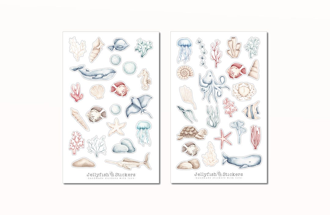 Zeedieren stickerset | sticker | dagboeksticker | sticker zee, water, dieren, strand, maritiem, walvis, dolfijn, haai