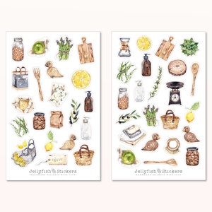 Conjunto de adesivos de cozinha sustentável - livro de receitas de adesivos, adesivo de diário, culinária, receitas, vegetais, frutas, saudável, sustentável, armazenamento, madeira