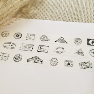 Washi Tape Vintage - carimbo, selo postal, preto e branco, ingressos, cartão postal, escrita, texto, scrapbooking, artesanato, fita adesiva, material
