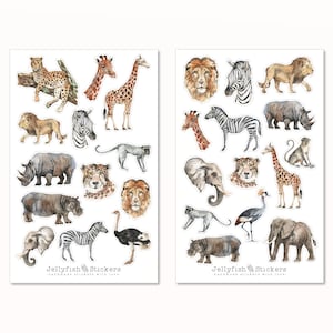 Set adesivi animali africani - Adesivi per diario, pianificatore di adesivi, adesivi Safari, savana, leone, giraffa, elefante, zebra, scimmia, ippopotamo