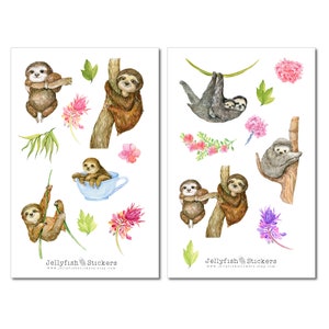 May include: A set of 10 watercolor sloth stickers featuring sloths in various poses, including hanging, sleeping, and cuddling. The stickers also include flowers and leaves in shades of pink, purple, and green. The stickers are perfect for adding a touch of whimsy to journals, laptops, water bottles, and more. "Jellyfish Stickers" is printed on the bottom of each sheet.