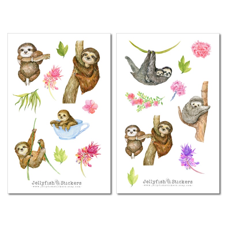 May include: A set of 10 watercolor sloth stickers featuring sloths in various poses, including hanging, sleeping, and cuddling. The stickers also include flowers and leaves in shades of pink, purple, and green. The stickers are perfect for adding a touch of whimsy to journals, laptops, water bottles, and more. "Jellyfish Stickers" is printed on the bottom of each sheet.
