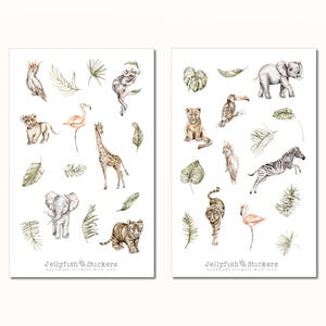 Jungle Animals Stickerset - Bloemenstickers, Dagboekstickers, Safari, Leeuw, Giraf, Bloemen, Planten, Natuur, Olifant, Vogels, Zomer