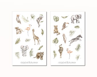 Dschungeltiere Sticker Set - Florale Aufkleber, Journal Sticker, Safari, Löwe, Giraffe, Blumen, Pflanzen, Natur, Elefant, Vögel, Sommer
