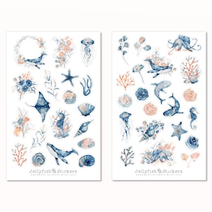 Zeedieren sticker set - zeestickers, dagboekstickers, aquarelstickers, maritiem, schelpen, strand, zee, vakantie, walvis, kwallen, zeepaardje
