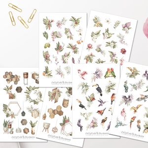 Conjunto de pegatinas de pájaros de verano - Pegatinas de diario, pegatinas de animales, pegatinas de naturaleza, florales, verano, plantas, pájaros, vacaciones, flores, hogar