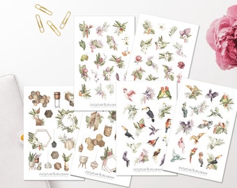 Sommer Vögel Sticker Set - Journal Sticker, Sticker Tiere, Sticker Natur, Floral, Sommer, Pflanzen, Vogel, Urlaub, Blumen, Zuhause