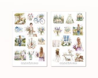 Set di adesivi primaverili - Adesivi per diario, Adesivi per planner, Fiori, Floreale, Ragazza, Prato, Cottage Core, Natura, Giardino, Piante, Bouquet
