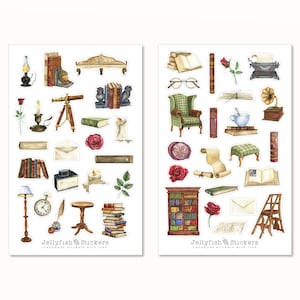 Vintage stickerset - stickers, dagboekstickers, plannerstickers, stickerboeken, lezen, bibliotheek, leeszaal, veer, brieven, schrijven