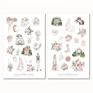 Stickerset voor bruiloften - Stickers, dagboekstickers, plannerstickers, stickers voor bloemen, huwelijk, trouwjurk, jubileum, trouwdag