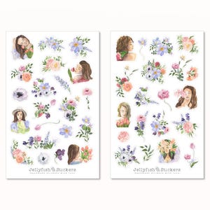 Ensemble d'autocollants de printemps - Autocollants de journal, autocollants de planificateur, fleurs, floral, fille, femme, nature, jardin, plantes, bouquet, tulipes, prairie