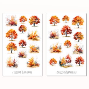 Conjunto de adesivos de árvores de outono - adesivos de diário, adesivos de planejador, outono, folhas de outono, natureza, jardim, árvore, arbusto, floral, parque, folha de adesivos