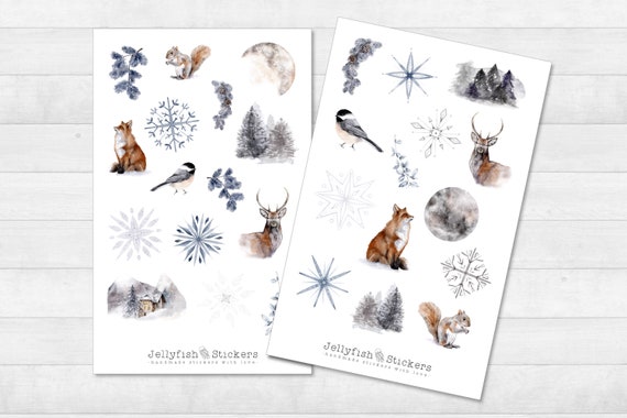 Schneefuchs Weihnachten Sticker Set – 2 Bögen, Handgemacht, Für Journal, Planer, Geschenke, Winter-Deko