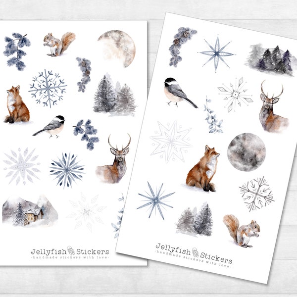 Winter Tiere Sticker Set - Journal Sticker, Planer Sticker, Aufkleber Feiertage, Schnee, Wald, Waldtiere, Fuchs, Hirsch, Schneeflocken