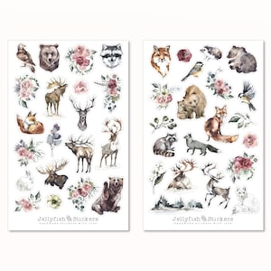 Ensemble d'autocollants animaux de la forêt - Autocollants pour journal, autocollants pour planificateur, autocollants forêt, nature, hiver, animaux, fleurs, renard, ours, raton laveur, oiseau, lapin