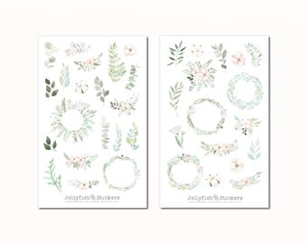 Flower Sticker Set - Journal Stickers, Planner Stickers, Stickers, Floral Stickers, Garden, Green, Spring, Summer, Leaves, Branches, Wreath