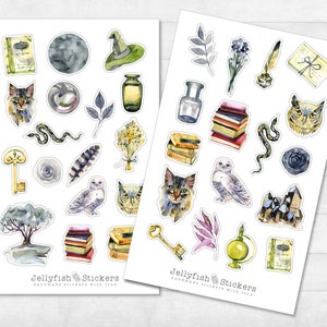 Juego de pegatinas mágicas: pegatinas, pegatinas para diario, pegatinas para agenda, pegatinas mágicas, brujas, acuarela, conjuros, hojas de pegatinas, mágico, gato