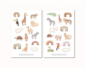 Animal Sticker Set - Cute Stickers, Journal Stickers, Planner Stickers, Stickers for Kids, Monkey, Lion, Zebra, Elephant, Rainbow, Bird