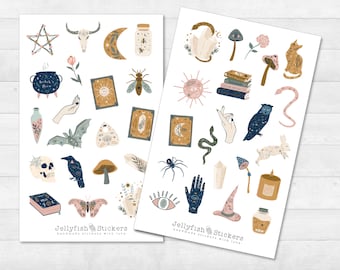 May include: Two sheets of stickers featuring a variety of witchy and mystical illustrations. The stickers are in shades of blue, pink, yellow, and brown. The stickers include a skull, a raven, a crystal, a snake, a cat, a witch's hat, a moon, a sun, a hand, a mushroom, a butterfly, a book, a cauldron, a spider, an owl, a rabbit, a jar, and a candle.