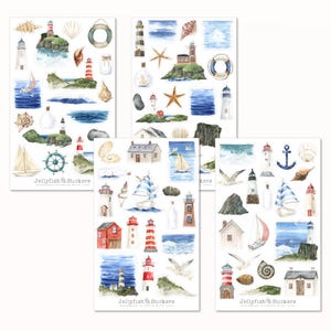 Nautical Sticker Set - Sea Journal Stickers Anchor Shells Beach Sea Vacation Lake Seagulls Lighthouse Summer Travel