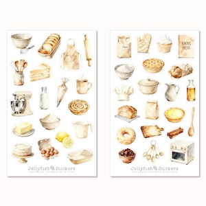 Könnte beinhalten: Aquarell-Aufkleber mit Back-Illustrationen. Enthält einen Küchenmixer, Brot, Kuchen, Cupcake und andere Backwerkzeuge und Zutaten. Die Aufkleber sind mit "Jellyfish Stickers" und "Handmade Delights With Love" beschriftet.