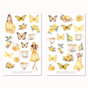 Set de pegatinas de color amarillo limón - Chica con flores, pegatinas amarillas, diario, planificador, taza floral, jardín, limón, mariposa
