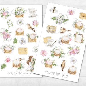 Ensemble d’autocollants de fleurs et de lettres - Autocollants, autocollants de journal, autocollants de planificateur, feuilles, écriture, fleurs, fleurs, jardin, printemps, oiseaux