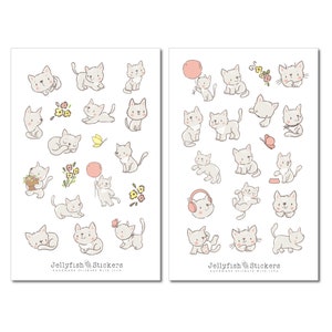 May include: Two sheets of stickers featuring hand-drawn illustrations of adorable gray kittens in various poses. Some kittens hold balloons or flowers. The text "Jellyfish Stickers handmade stickers with love" is at the bottom of each sheet.